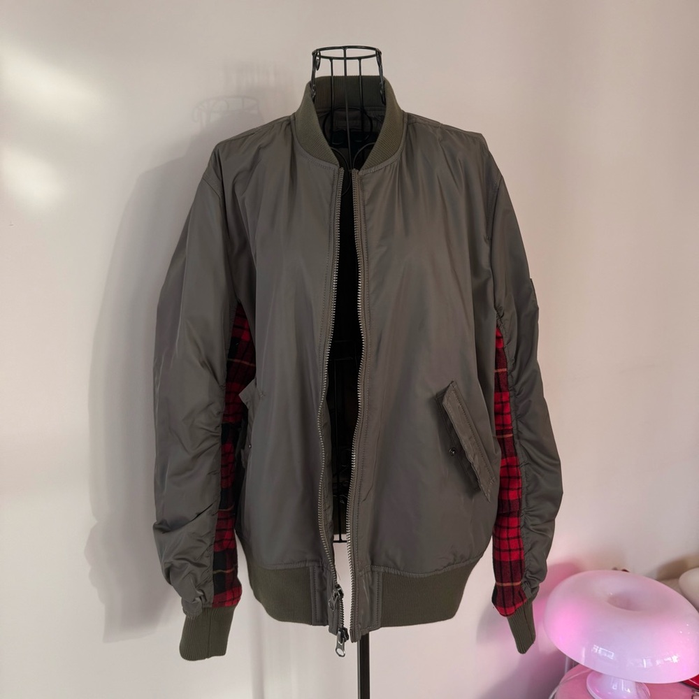 KENDALL + KYLIE Olive Green Plaid Trim Bomber Jacket | MEDIUM